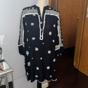 Sana Safinaz slub cotton dress w/ pearl buttons & lace accents